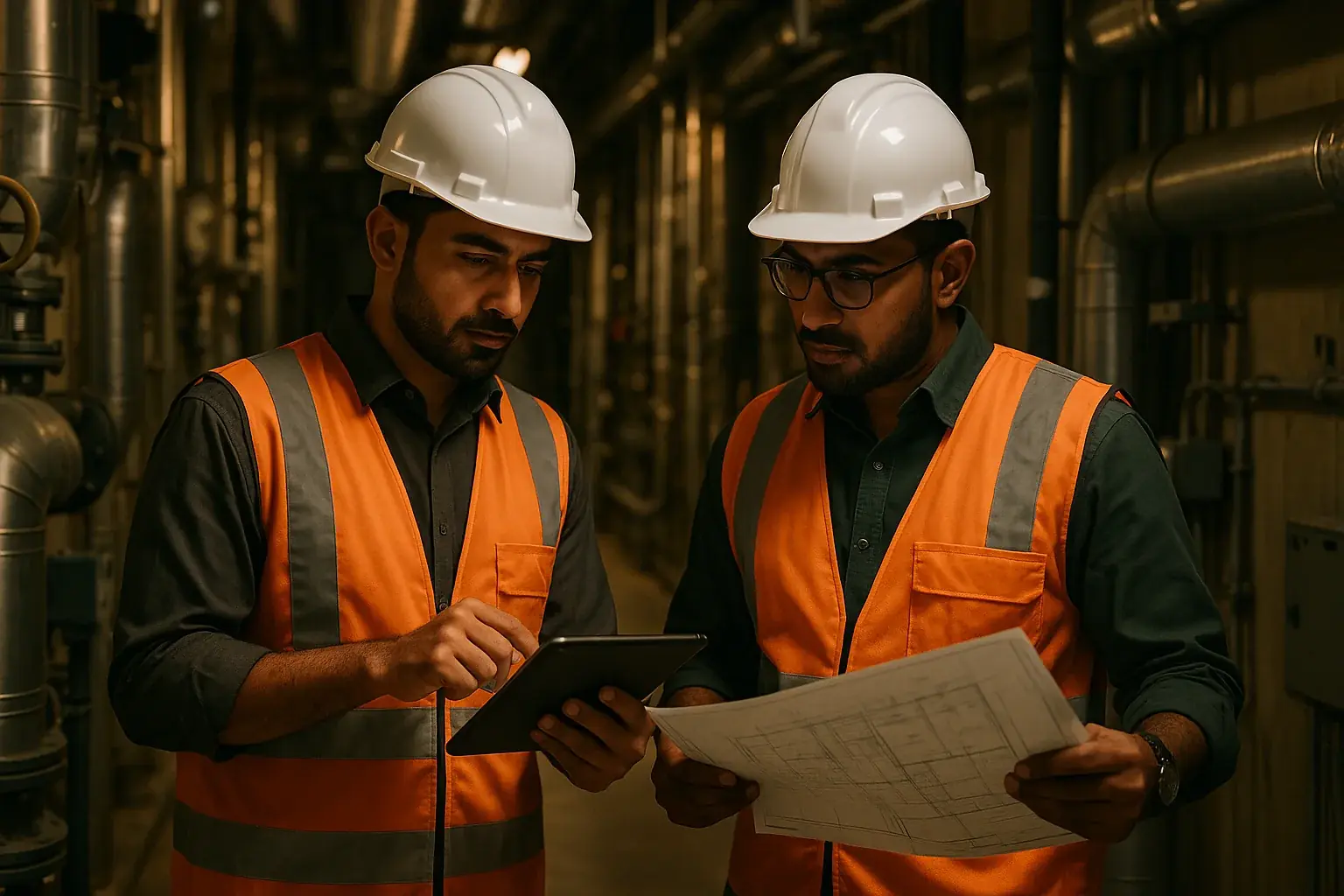 Energy engineers reviewing building systems on site